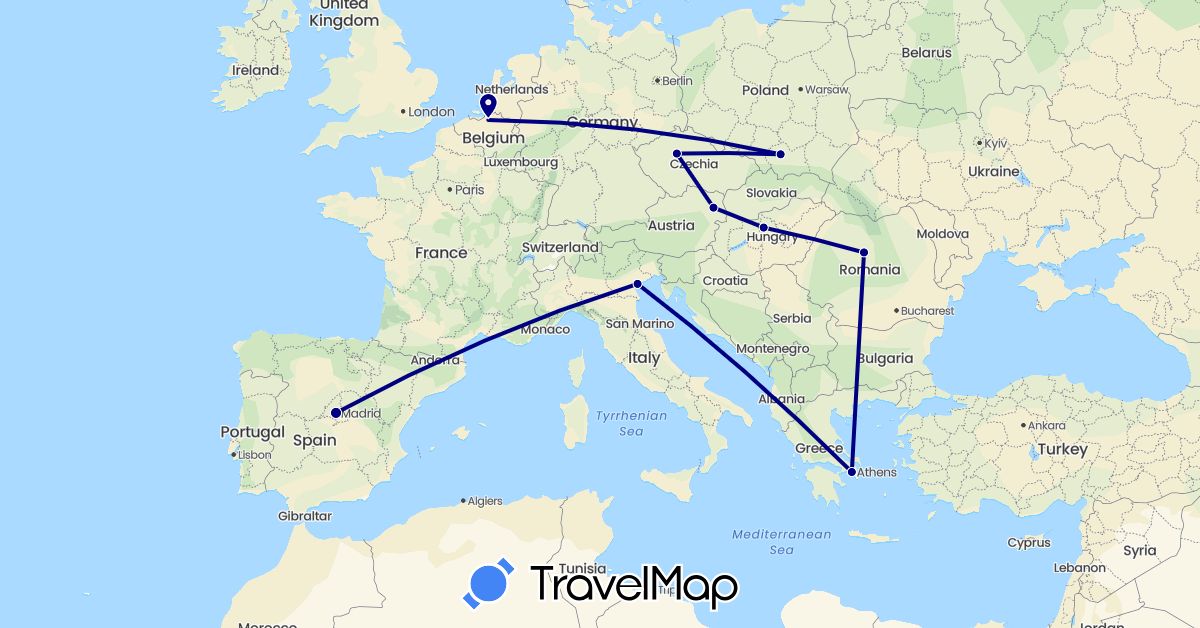 TravelMap itinerary: driving in Austria, Belgium, Czech Republic, Spain, Greece, Hungary, Italy, Poland, Romania (Europe)